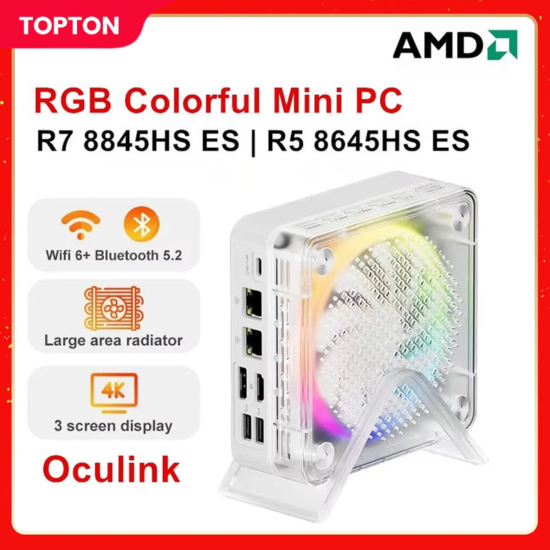 Topton MINIPC AMD Ryzen 7 8845HS ES R5 8645HS ES Oculink Mini PC RGB Color Gamer Windows 11 WiFi 6 2x2.5G LAN USB4.0 4K Computer