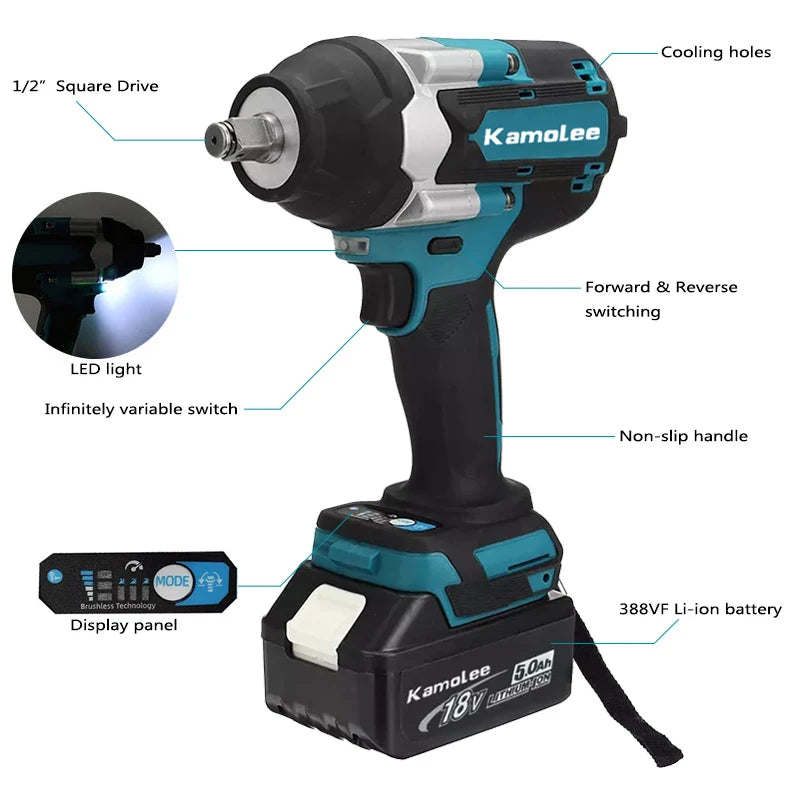 Kamolee 1800 N.M high torque wireless charging impact wrench 1/2inch brushless electric wrench compatible with Makita18V battery