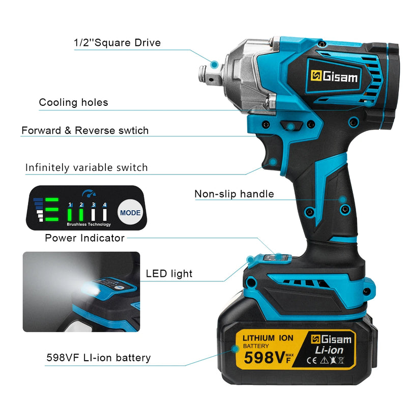 Chave de Impacto Elétrica Brushless de 1200N.M de Torque, 1/2 Polegada, Sem Fio, Chave de Impacto e Parafusadeira para Bateria Makita 18V.