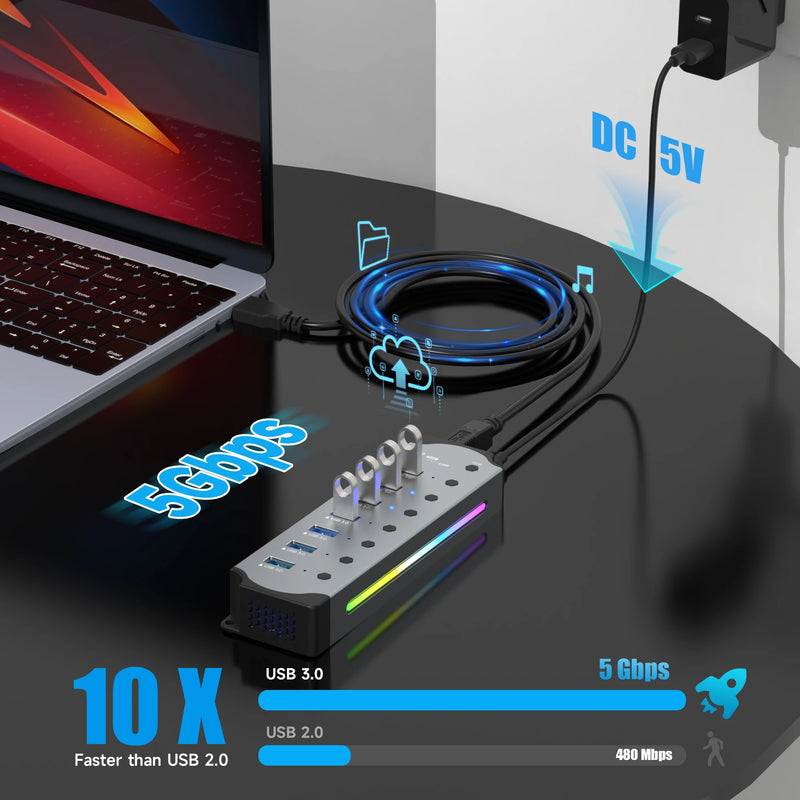 10 in 1 Powered USB HUB USB 3.0 Interface Individual Switch RGB E-Marker Heat Dissipation Design DC 5V Power Supply Adapter